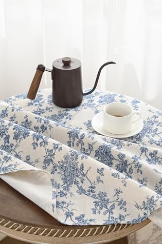 Blue Flower 55 Inch Round Cotton Linen Tablecloth A9410