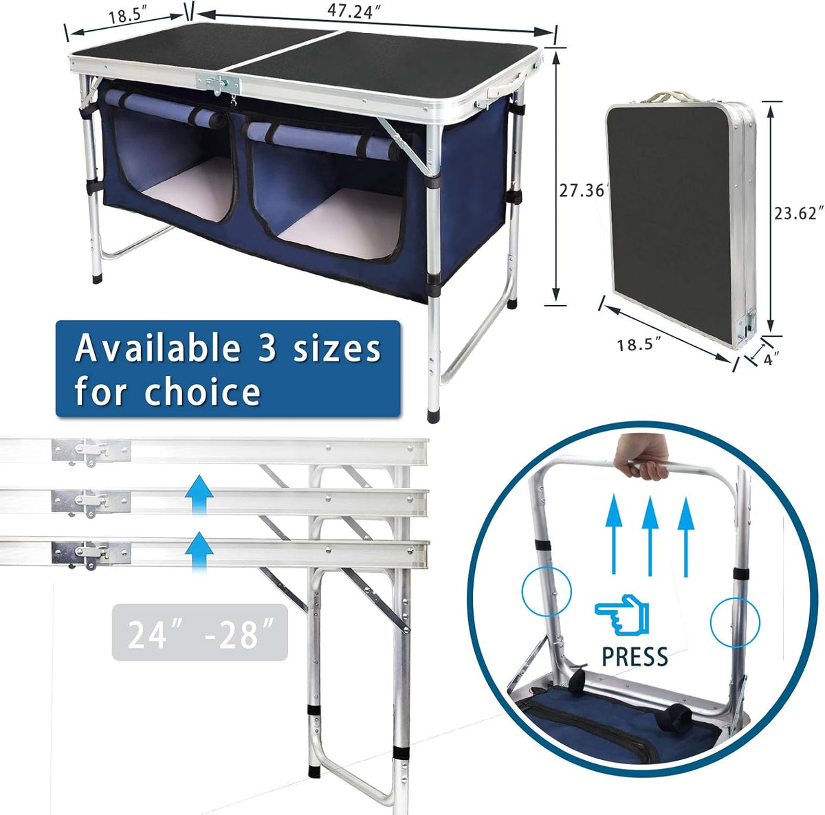 Folding Camp Table with Storage Organizer, Aluminum Adjustable (Black) T6379