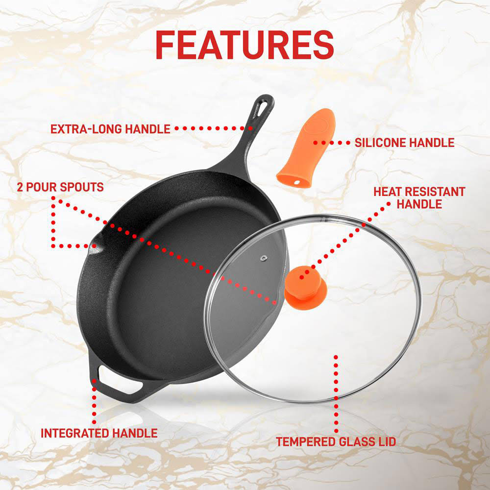 12x22 Pre Seasoned Nonstick Cast Iron Frying Pan with Lid 4 Pack E5887