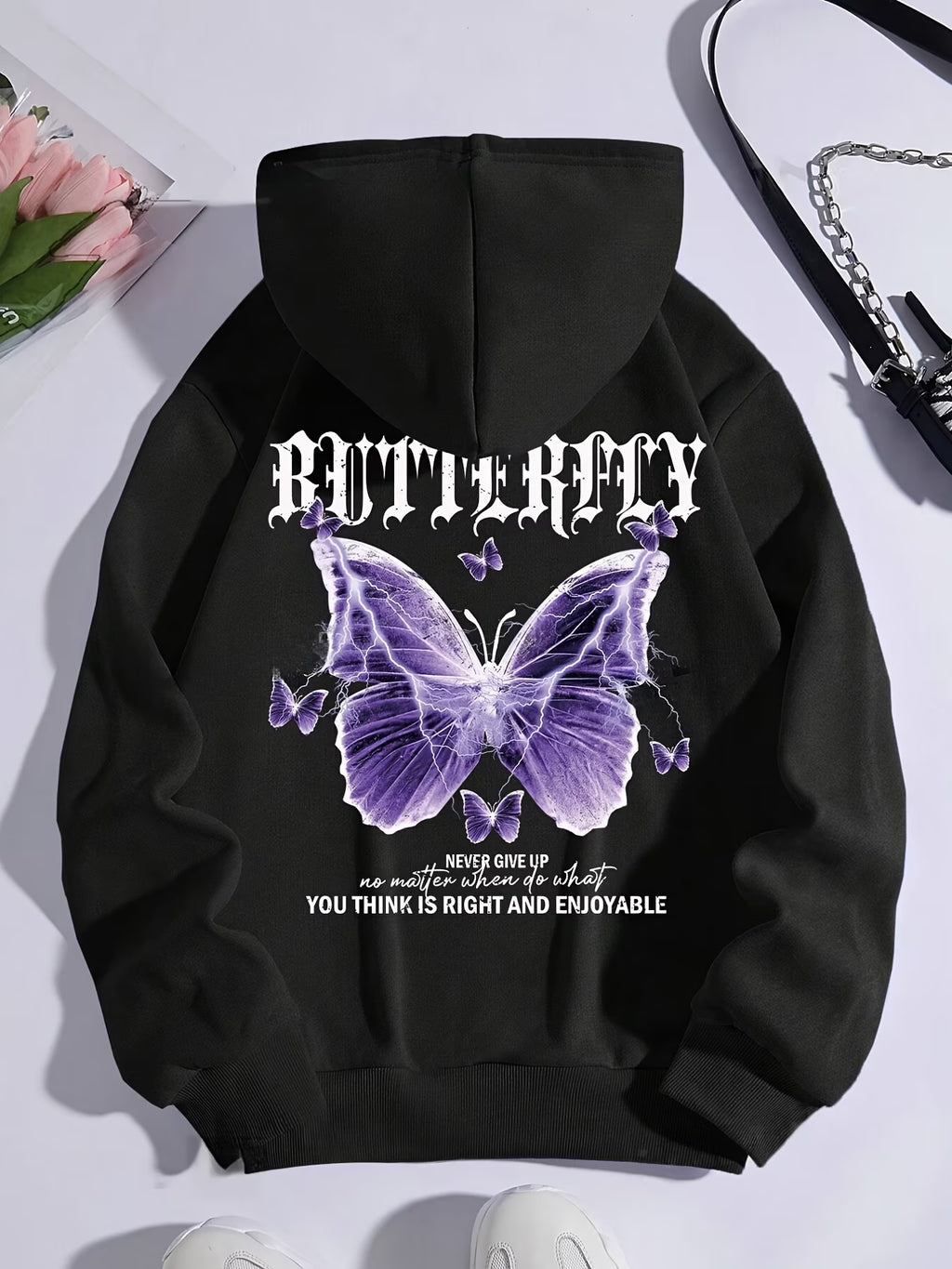 Black Butterfly & Slogan Print Thermal-Lined Hoodie K954256
