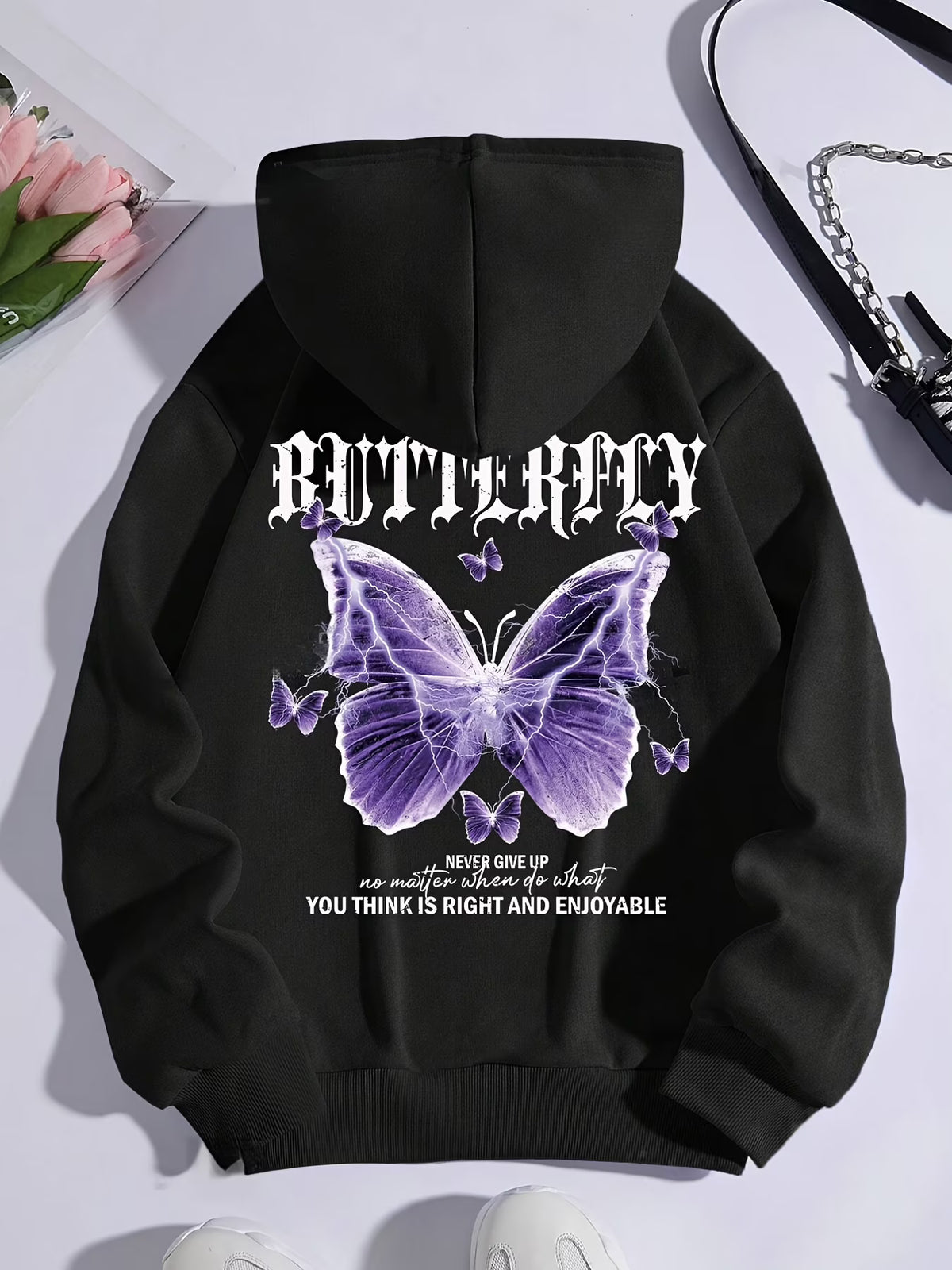 Black Butterfly & Slogan Print Thermal-Lined Hoodie K954256