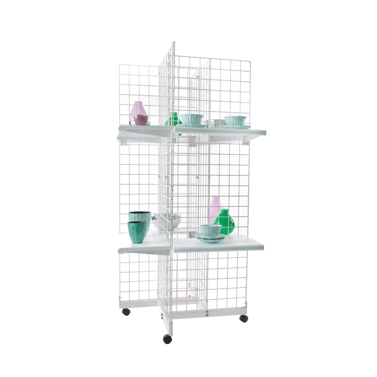White 4-Way Wire Grid Tower with Base and Casters V5275