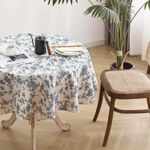 Blue Flower 55 Inch Round Cotton Linen Tablecloth A9410
