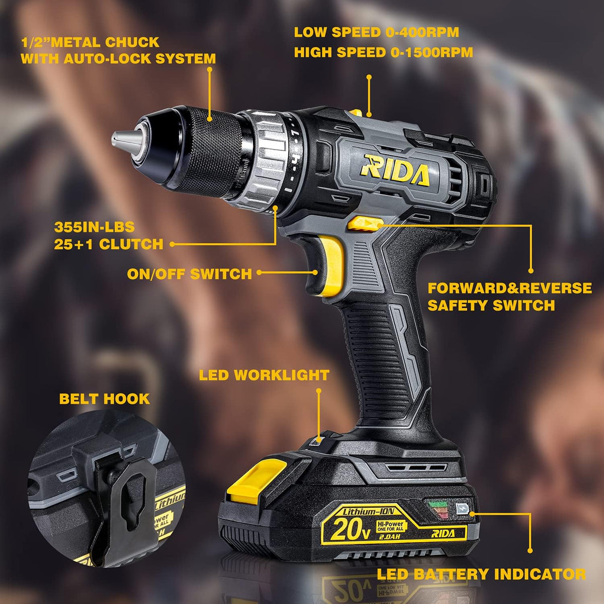 20V Cordless Electric Power Drill Set with 2.0AH Li-Battery Q82120