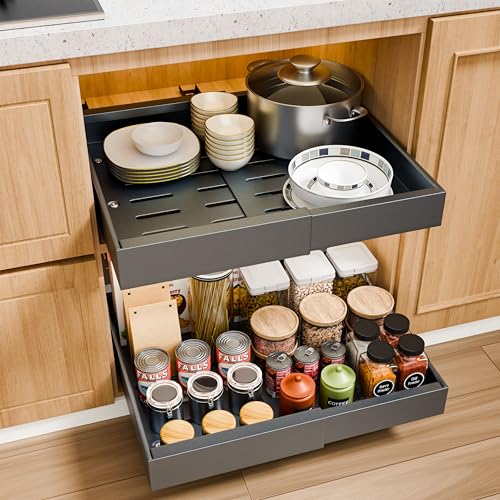 Expandable 12.6" - 20.5" Heavy Duty Adjustable Slide Out Drawer Black Cabinet Organizer Y94408
