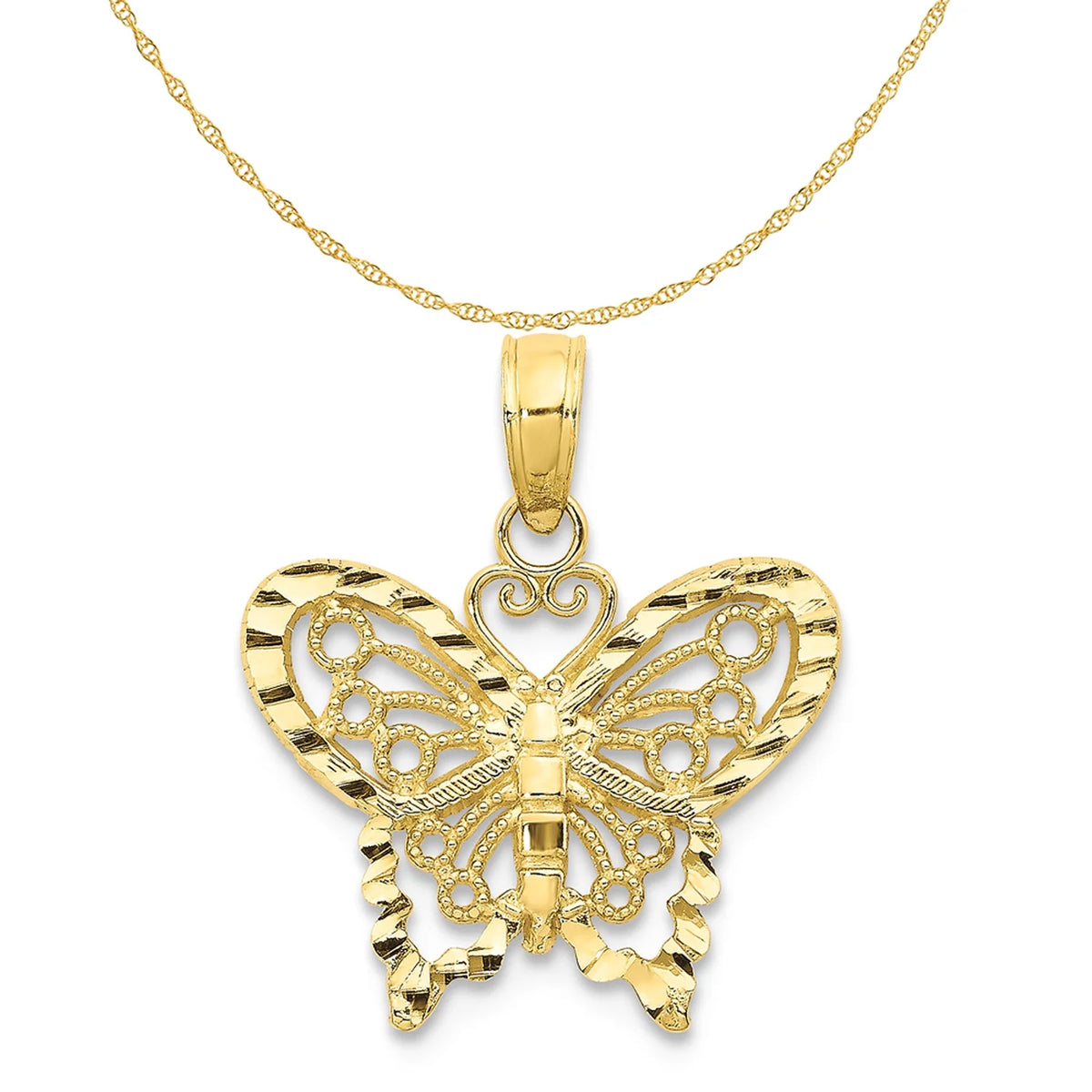 10K Yellow Gold Diamond-Cut Butterfly Pendant Charm with Rope Chain Necklace 18'' U696682