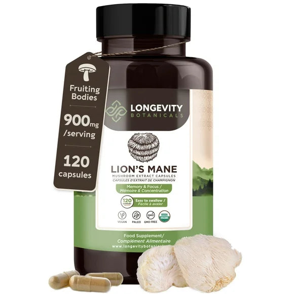 Organic Lions Mane Mushroom Supplement Capsules 120 Count Y1124