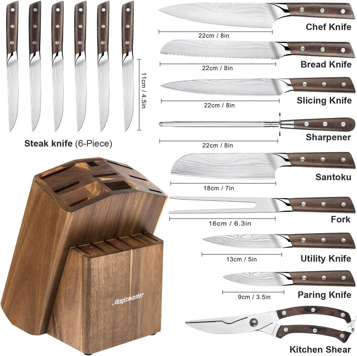 15 Pc German High Carbon Stainless Steel Knife Set with Wooden Block Y568368