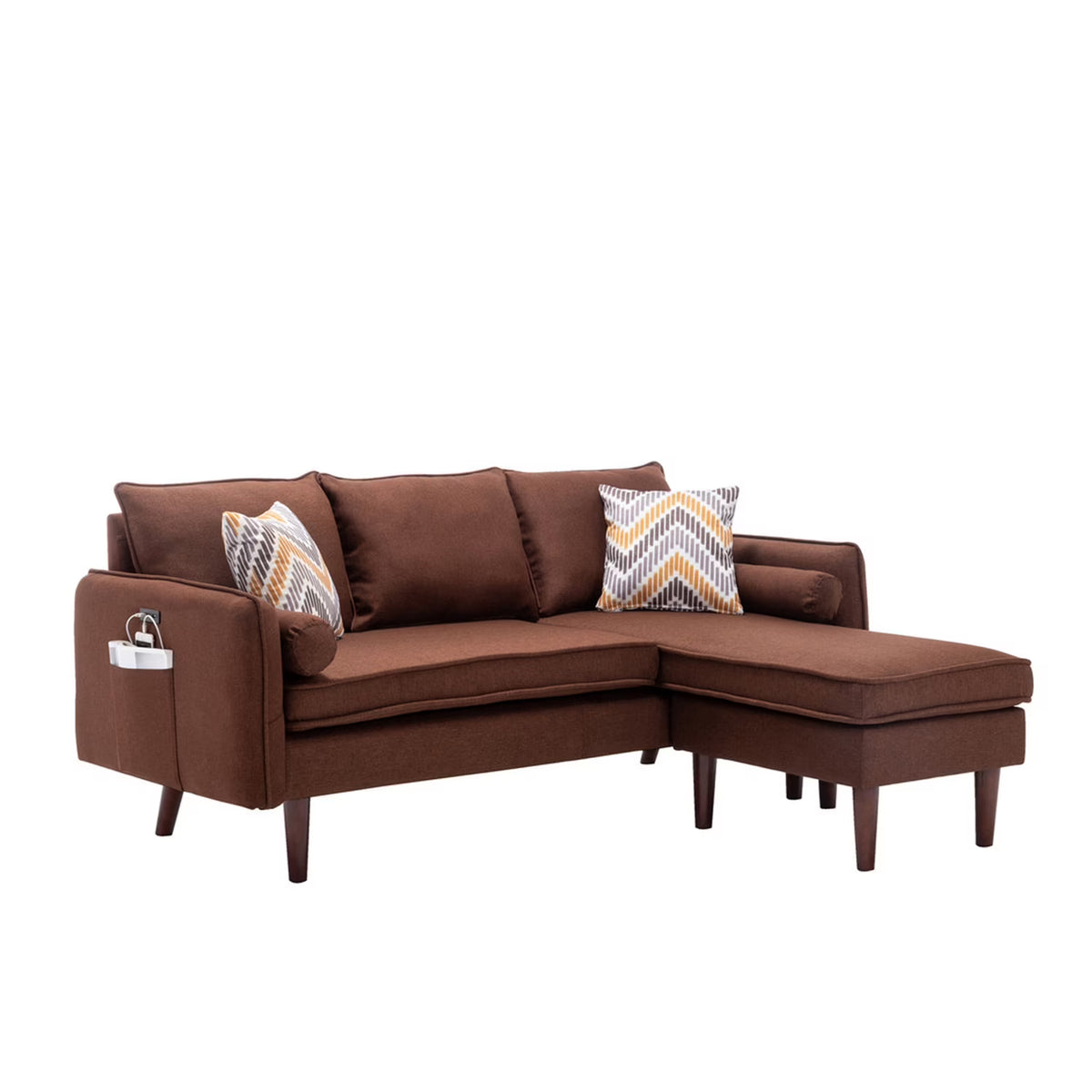 Brown Sectional Sofa Chaise with USB Charger & Pillows H9755