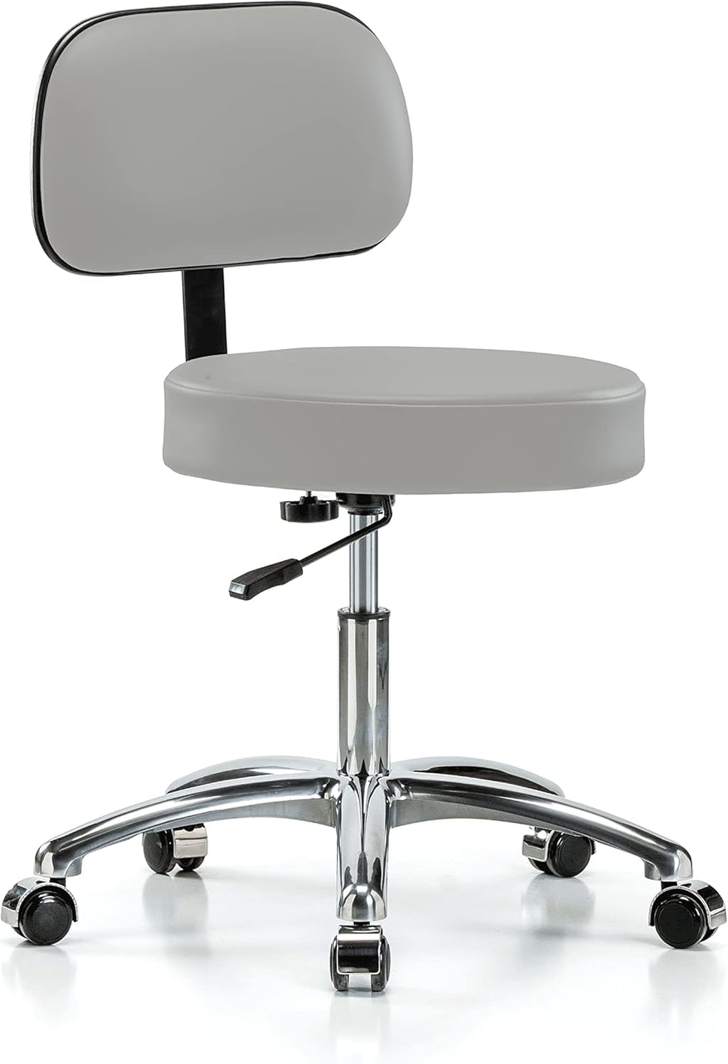 Chrome Rolling Height Adjustable Exam Stool with Back and Footring (Cinder Fabric) K365