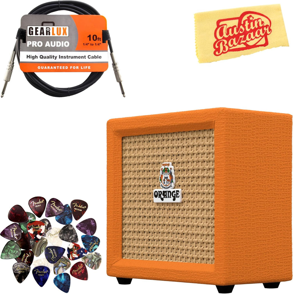 Orange Crush Mini Guitar Combo Amplifier Bundle with Power Supply, Instrument Cable, 24 Picks, and Polishing Cloth W5368