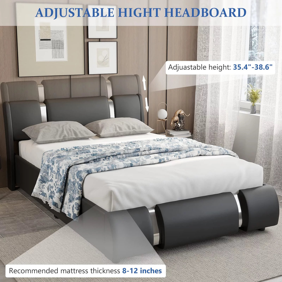 Faux Leather Full Size Platform Bed with LED Light and Adjustable Headboard C2865