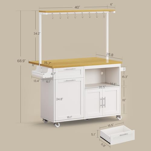 White Rolling Kitchen Island Table with Drop Leaf S56442