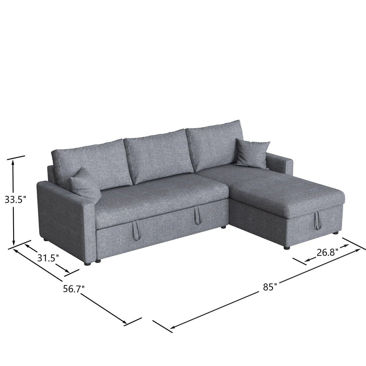 Dark Gray Linen Fabric L Shape Sofa Bed with Storage Chaise H3802