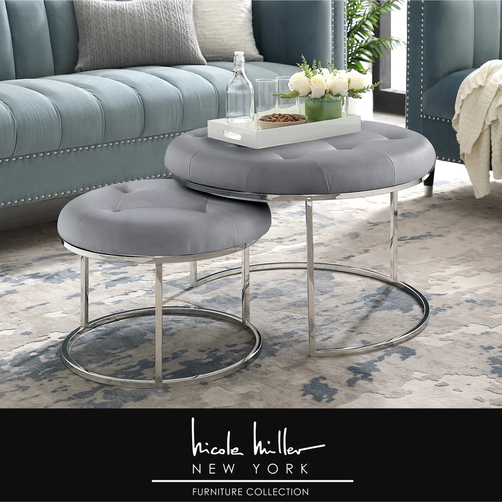 Grey Leather PU Upholstered Ottoman Set of 2 J32240