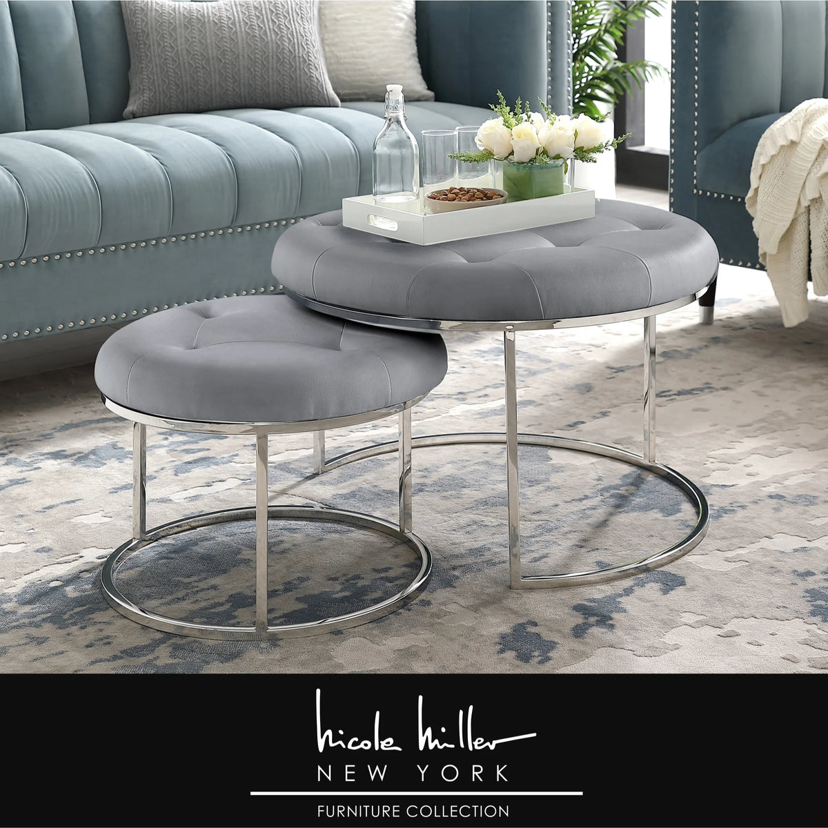 Grey Leather PU Upholstered Ottoman Set of 2 J32240