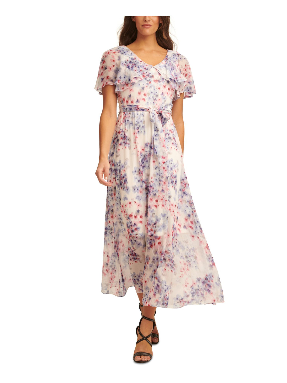 Ivory Floral Flutter Sleeve V Neck Maxi Dress T958736