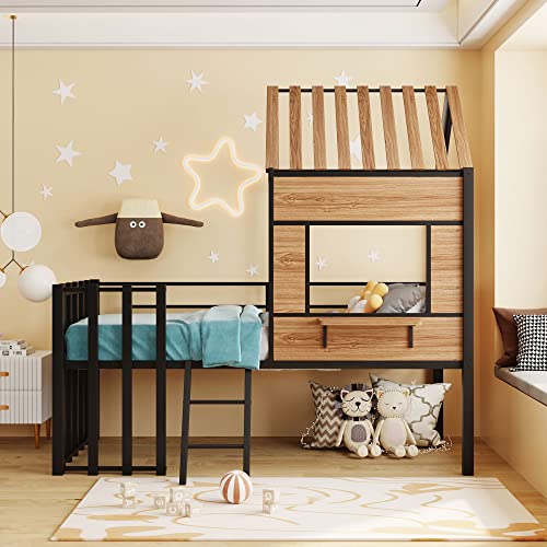 White Twin Size Metal Low Loft Bed Frame with Roof, Window, Guardrail and Ladder O61806