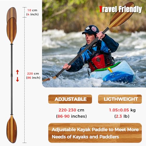 Full Carbon Fiber Shaft Wooden Blade Adjustable Kayak Paddle T555