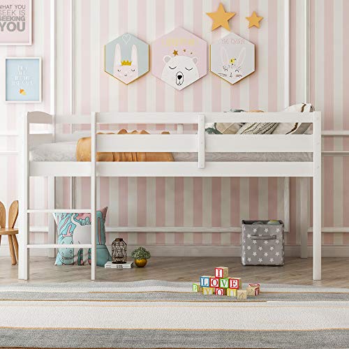 Twin Size Wood Loft Bed with Slide and Storage Shelves J4015
