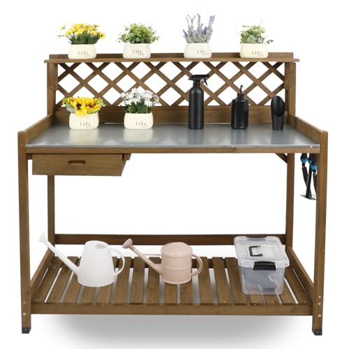 Wooden Potting Bench with Metal Table Top, Drawer and Shelf C412