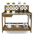 Wooden Potting Bench with Metal Table Top, Drawer and Shelf C412