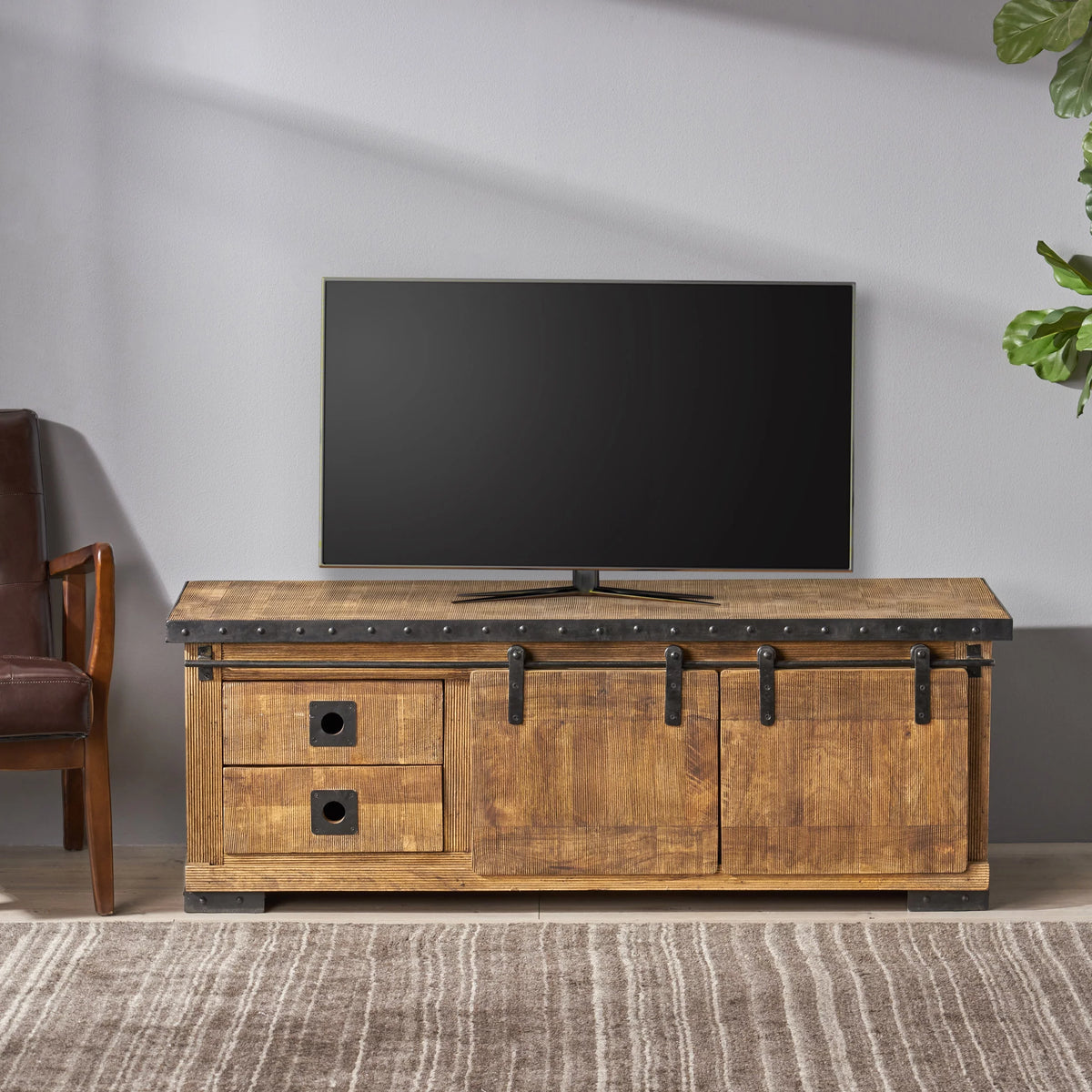 Natural and Black Mango Wood TV Stand H51356