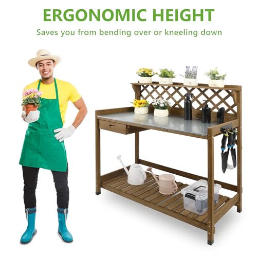 Wooden Potting Bench with Metal Table Top, Drawer and Shelf C412