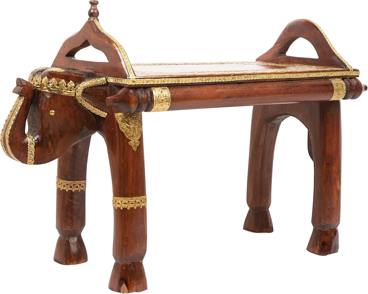 Hand Carved Wooden Elephant Side Table with Brass Accents Y5983