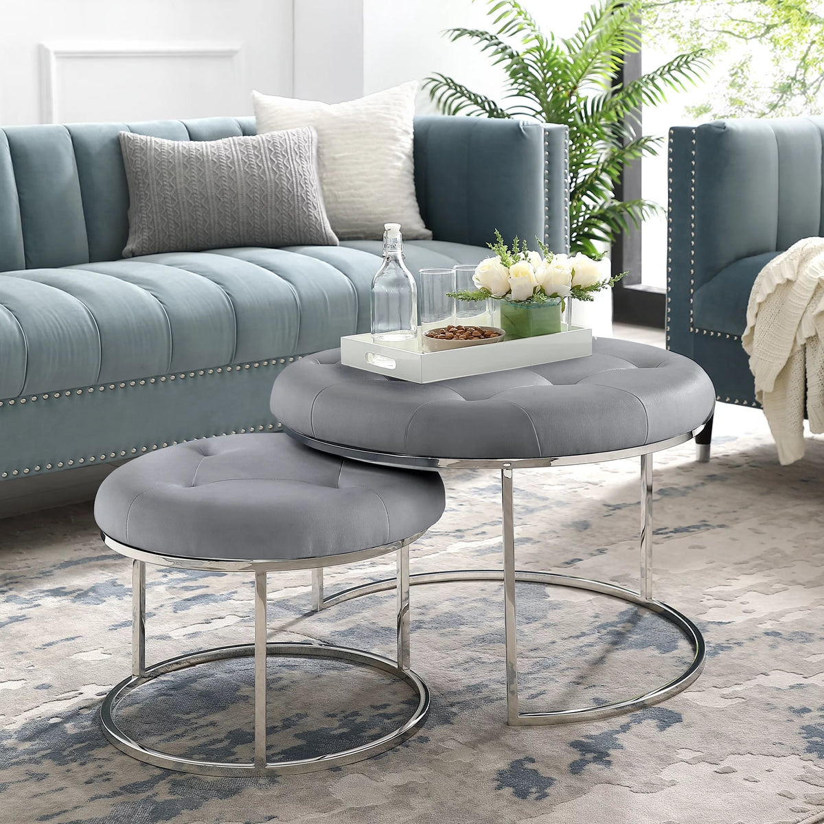 Grey Leather PU Upholstered Ottoman Set of 2 J32240