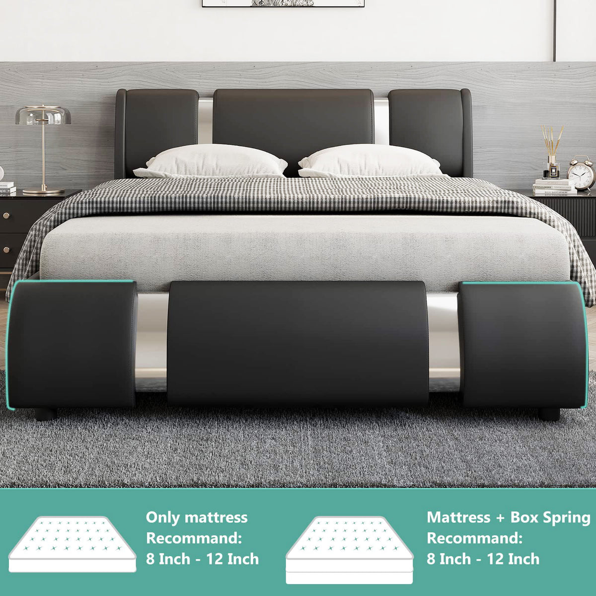 Faux Leather Full Size Platform Bed with LED Light and Adjustable Headboard C2865
