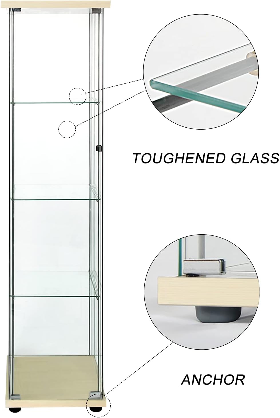 Glass Display Shelf 4 Shelves with Door Floor Standing Glass Curio Cabinet Wood Color L645