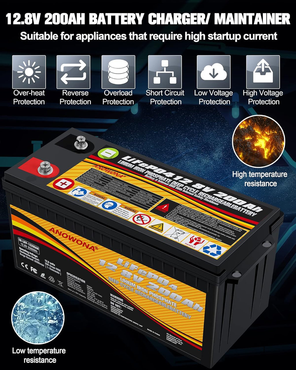 12.8V 200Ah Lithium Iron LiFePO4 Deep Cycle Battery with 200A BMS H871