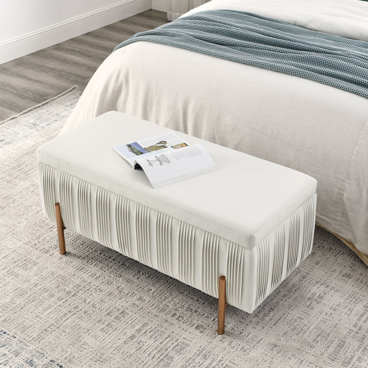 Beige Velvet Storage Bench F733809