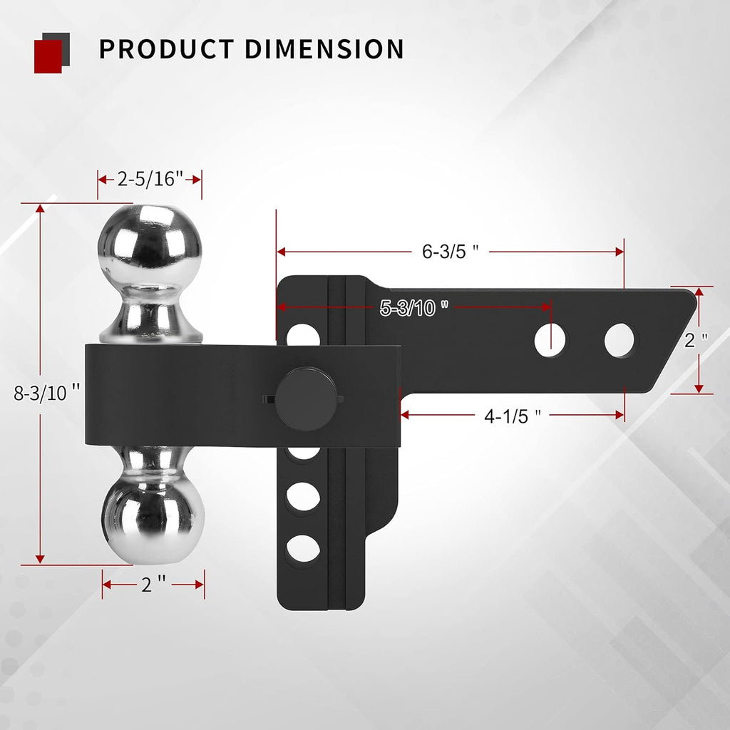 Adjustable Trailer Hitch Ball Mount, 2-Inch Receiver, 4-Inch Drop, Forged Aluminum Shank, 2-Inch and 2-5/16-Inch Combo Stainless Steel Tow Balls, Black U233