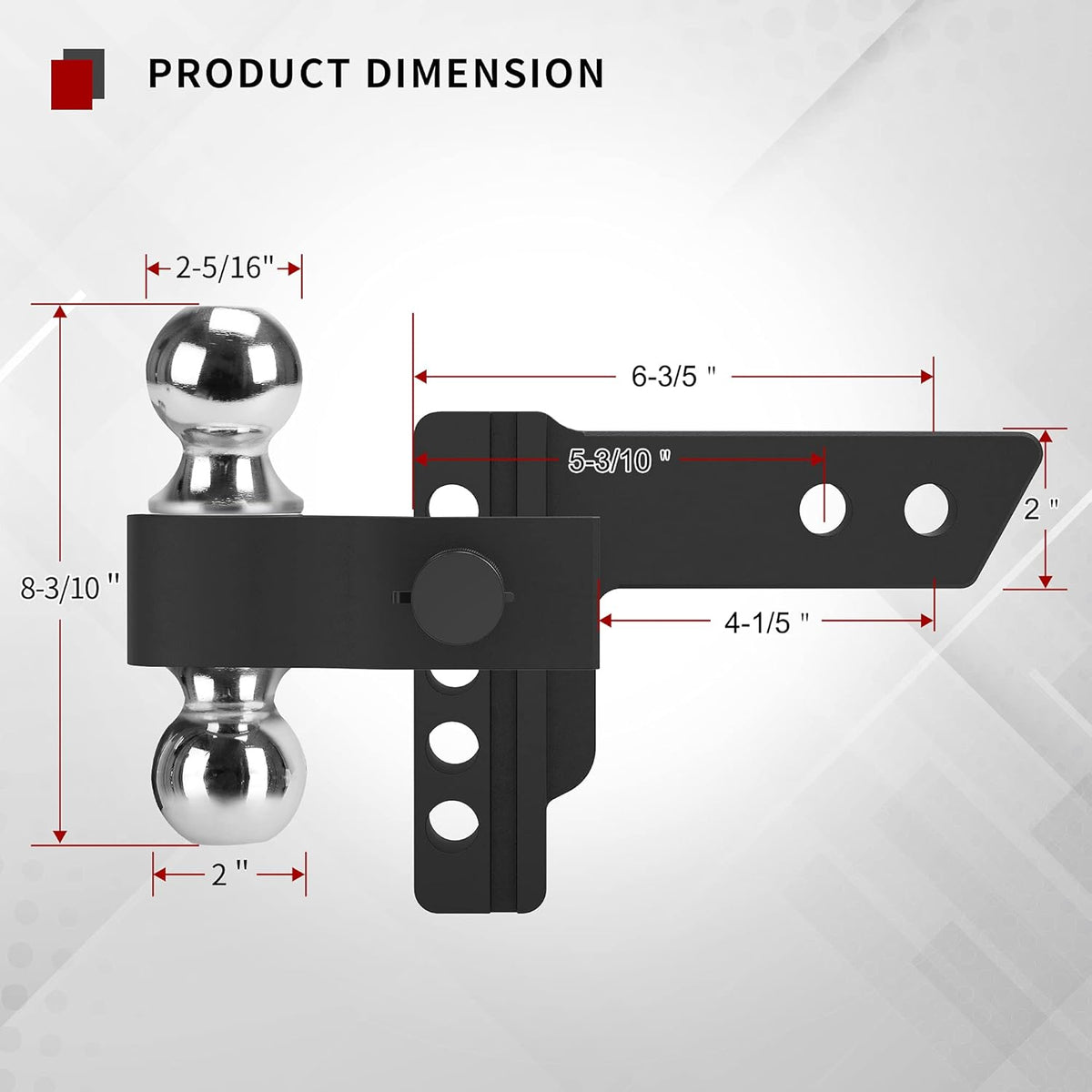 Adjustable Trailer Hitch Ball Mount, 2-Inch Receiver, 4-Inch Drop, Forged Aluminum Shank, 2-Inch and 2-5/16-Inch Combo Stainless Steel Tow Balls, Black U233