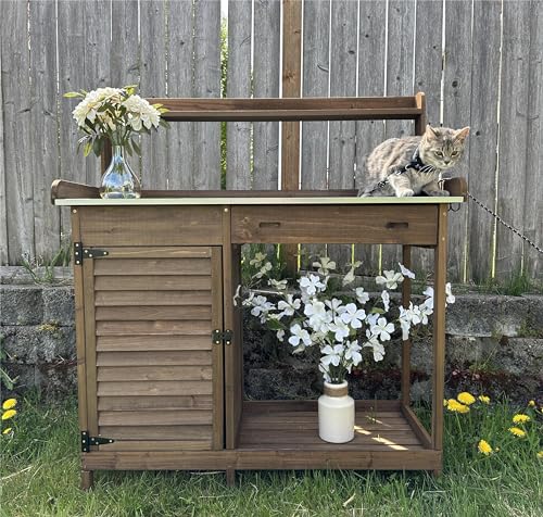 Wooden Potting Bench with Metal Table Top, Drawer and Shelf C412