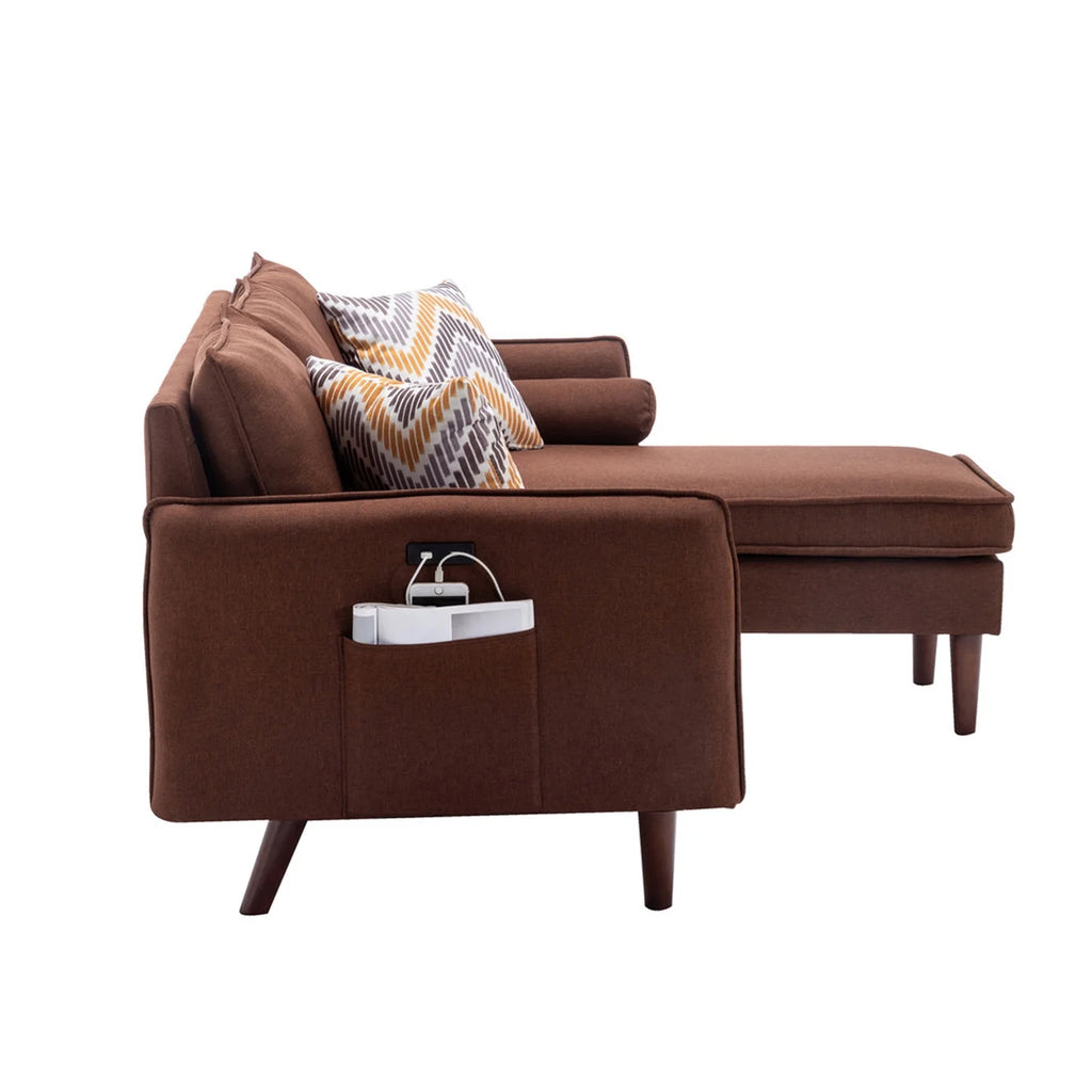 Brown Sectional Sofa Chaise with USB Charger & Pillows H9755