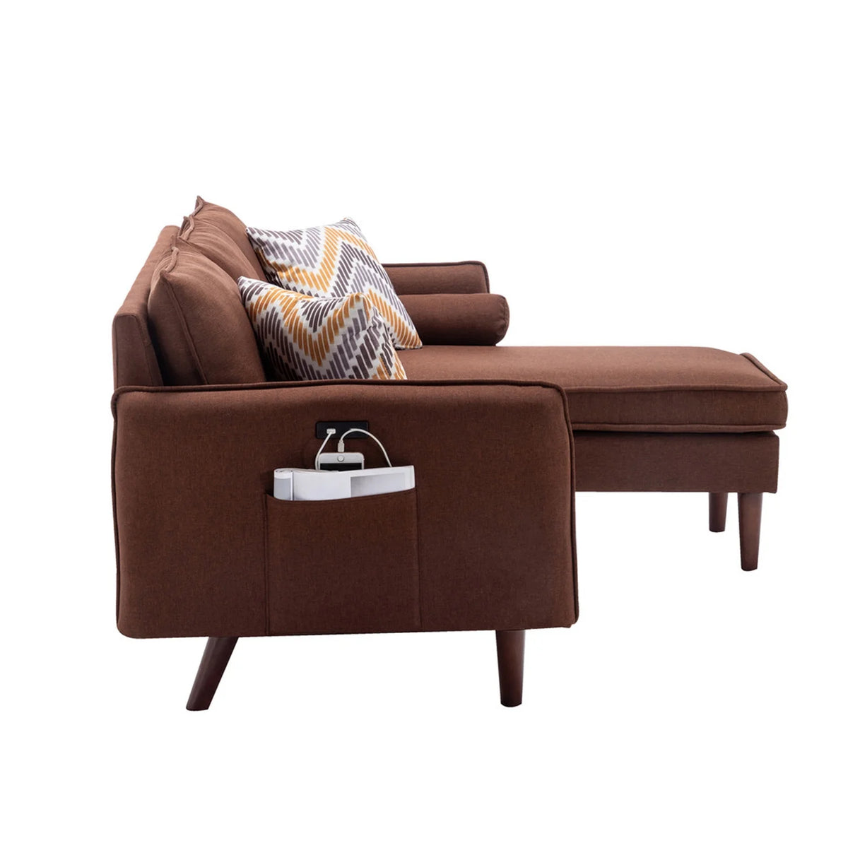 Brown Sectional Sofa Chaise with USB Charger & Pillows H9755