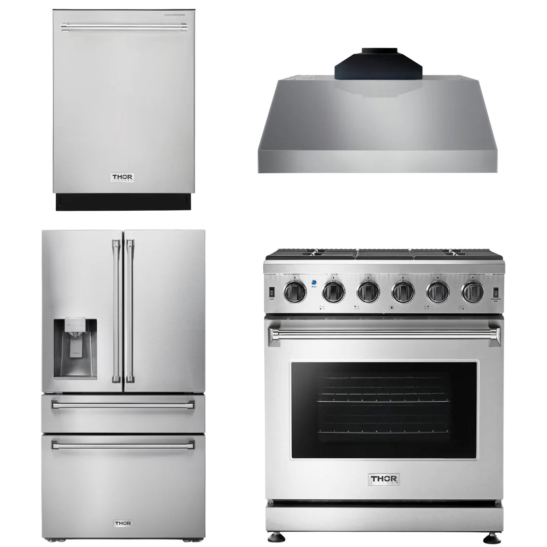 30 Gas Range, Range Hood, Refrigerator with Water and Ice Dispenser, Dishwasher M870