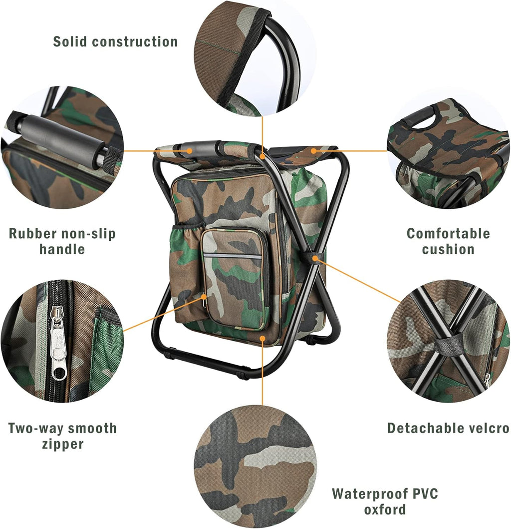 Folding Stool Backpack Insulated Cooler Bag with Front Pocket and Bottle Pocket H105912