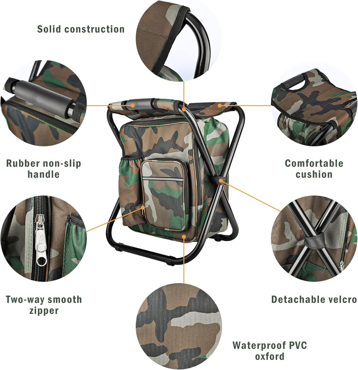 Folding Stool Backpack Insulated Cooler Bag with Front Pocket and Bottle Pocket H105912
