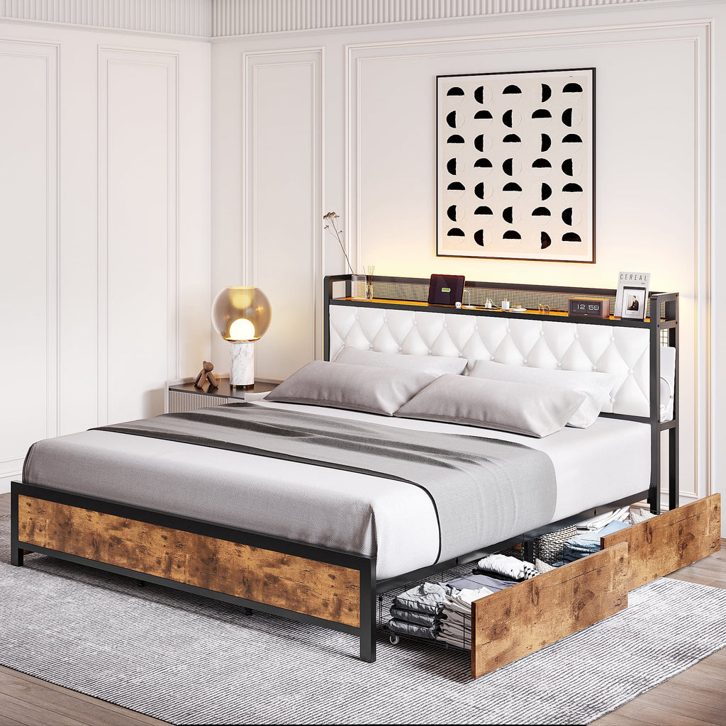 King Size White Leather Upholstered Platform Bed Frame with 4 Storage Drawers N6909