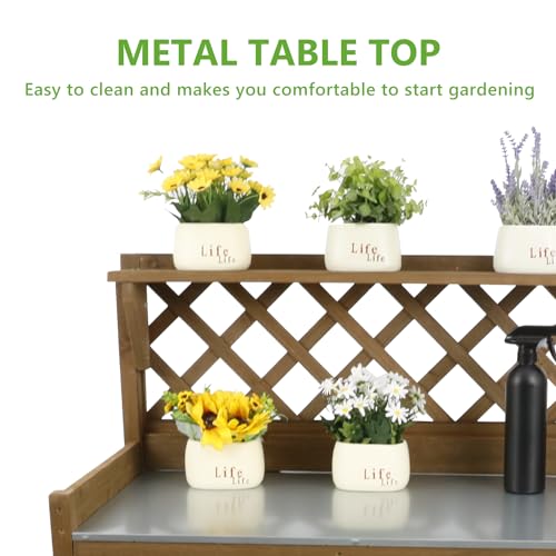 Wooden Potting Bench with Metal Table Top, Drawer and Shelf C412
