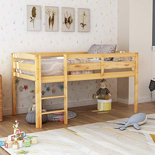 Twin Size Wood Loft Bed with Slide and Storage Shelves J4015