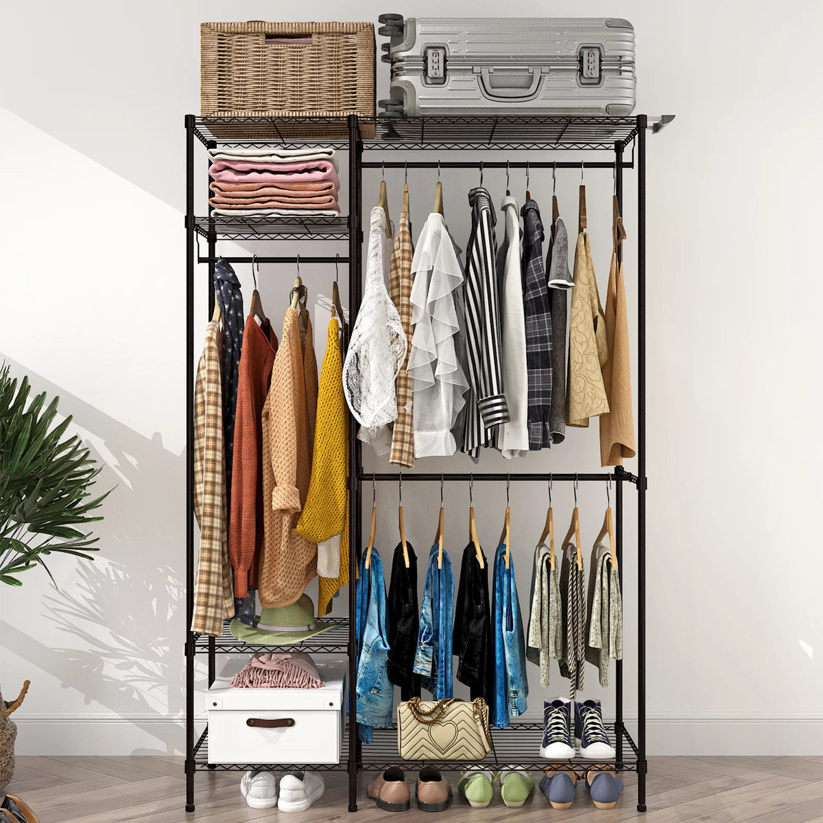 Portable Heavy Duty Clothing Storage Rack with 4 Shelves & 3 Hanging Rails Black V422346