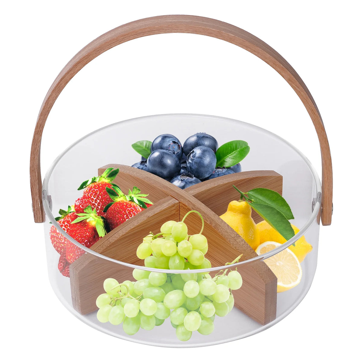Clear Glass Fruit Serving Bowl with Wood Divider V56374