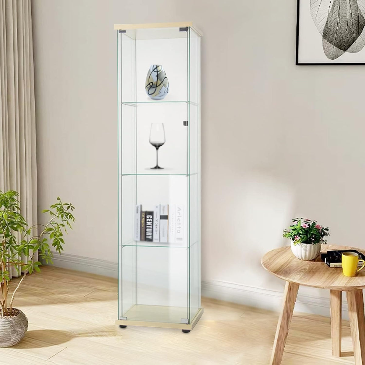 Glass Display Shelf 4 Shelves with Door Floor Standing Glass Curio Cabinet Wood Color L645