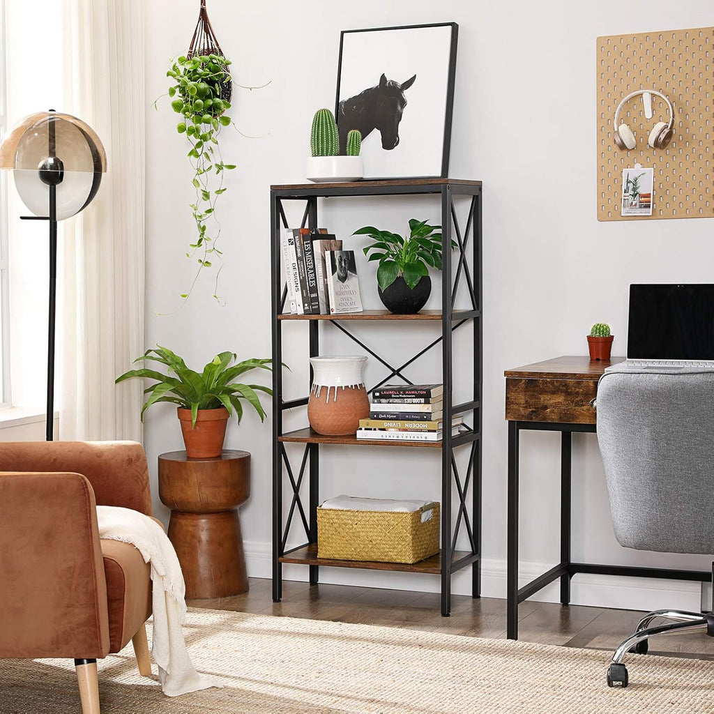 4 Tier Open Shelf Bookshelf with Steel Frame Rustic Brown and Black D946768