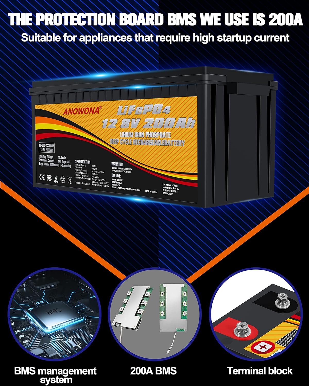 12.8V 200Ah Lithium Iron LiFePO4 Deep Cycle Battery with 200A BMS H871